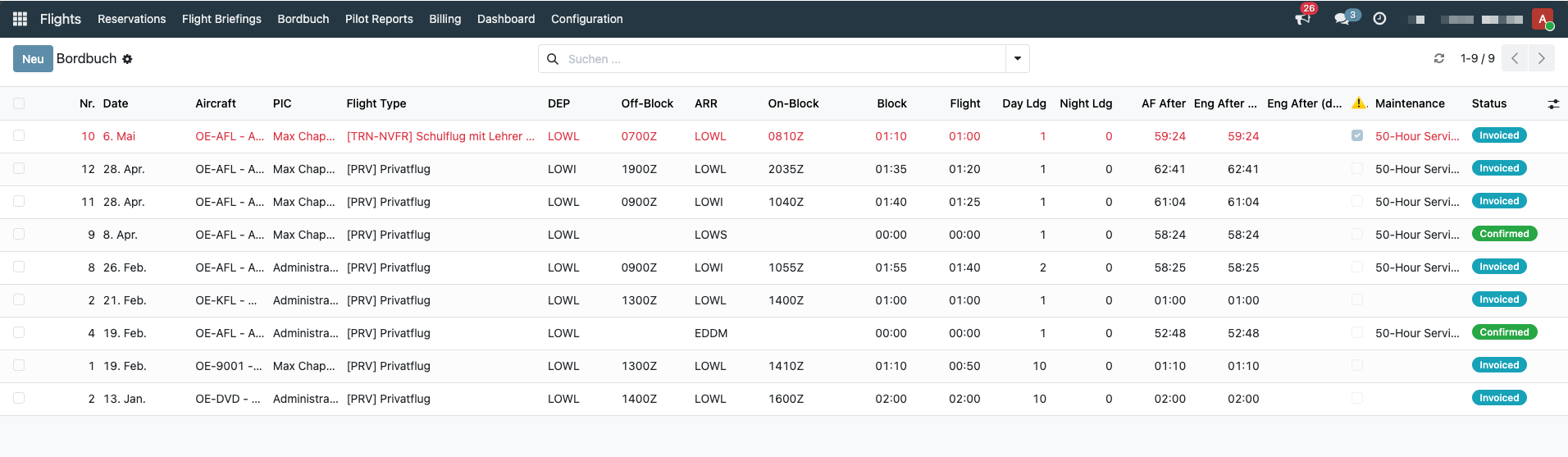 SmartFlight Logbook list view