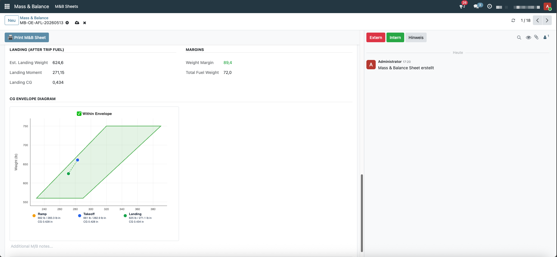 SmartFlight Mass & Balance briefing screen